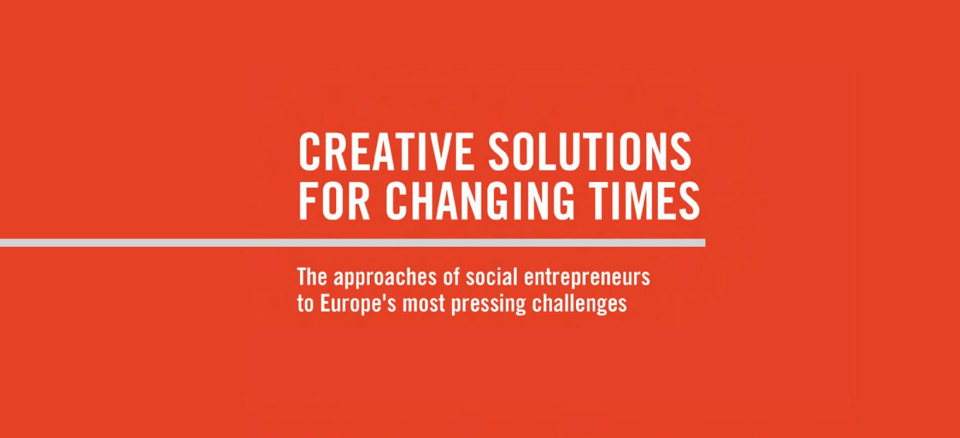 A web banner with a red background and a horizontal rule coming in from the left and ending three quarters through the image. Above the line reads Creative Solutions for Changing Times and below the line text reads Approaches to Europe's Most Pressing Challenges