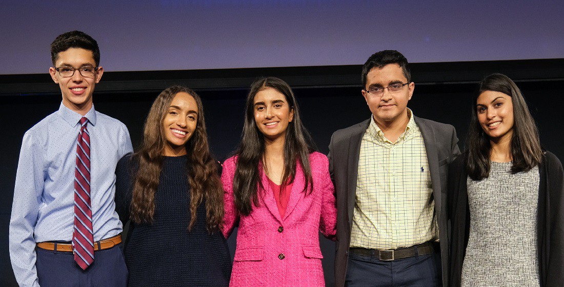 From right to left: Isaac Hertenstein, Rachel Holmes, Sahana Mantha, Faaris Zuberi, Ella Gupta,  the five grand prize winners of Prudential Emerging Visionaries. 