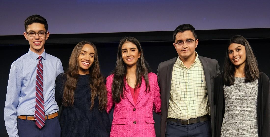 From right to left: Isaac Hertenstein, Rachel Holmes, Sahana Mantha, Faaris Zuberi, Ella Gupta, the five grand prize winners of Prudential Emerging Visionaries.