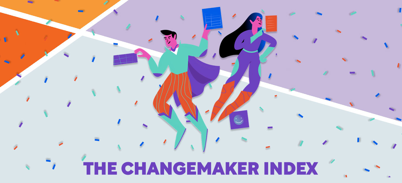 A stylized image with a masculine person and a feminine person, each in a superhero costume. The people are manipulating stylized depictions of workbooks and sheets. The background is a geometric design dividing the space into four quadrants with two shades of orange, one segment of lavender, and one pale blue. Confetti of similar colors is spread across the background.