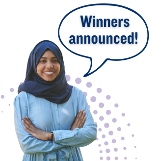A woman in a dark blue hijab and light blue dress stands with her arms crossed. There is a cartoon speech bubble above her that reads "Winners announced".