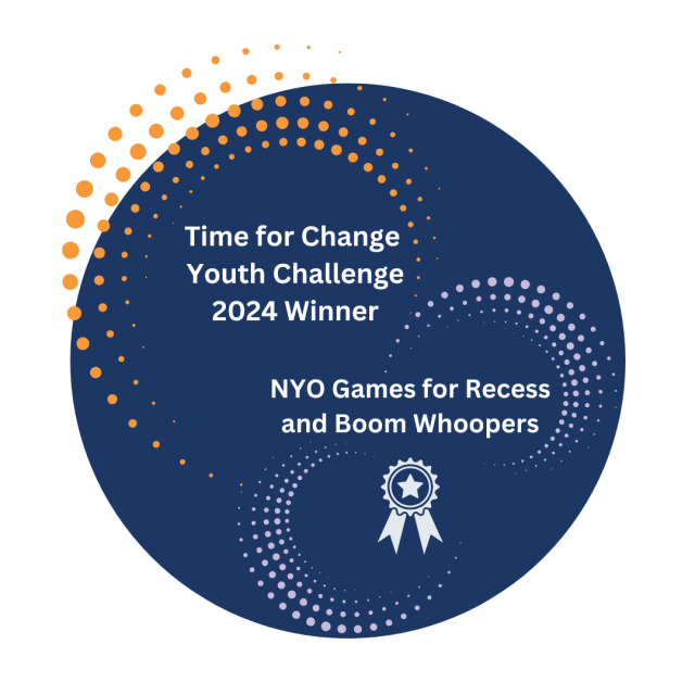 Dark Blue Circle with Orange and Purple dots, white medal, white text reading: Time for Change Youth Challenge 2024 Winner NYO Games for Recess and Boom Whoopers