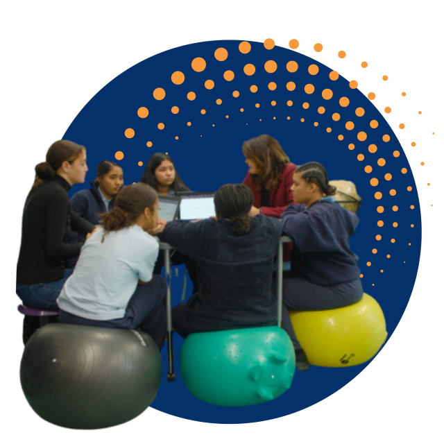 A graphic collage featuring a photo of six women, sitting on exercise balls around a desktop computer. The image has been cropped over a large graphical element, a navy-blue circle and a series of orange concentric dots.