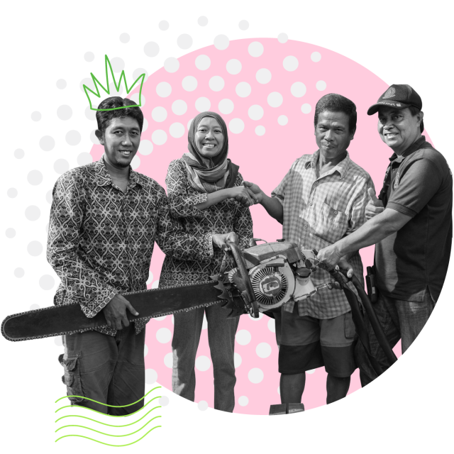 Group of Indonesian farmers in a colorful collage.