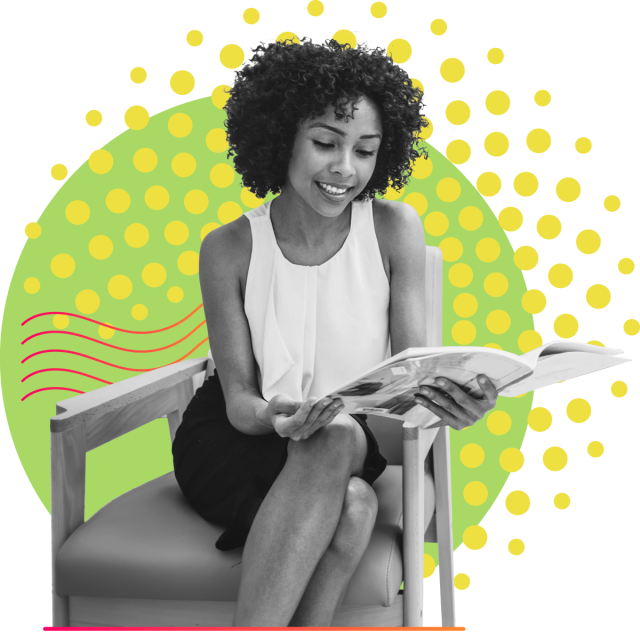 Colorful collage featuring Black woman reading a report in an office chair