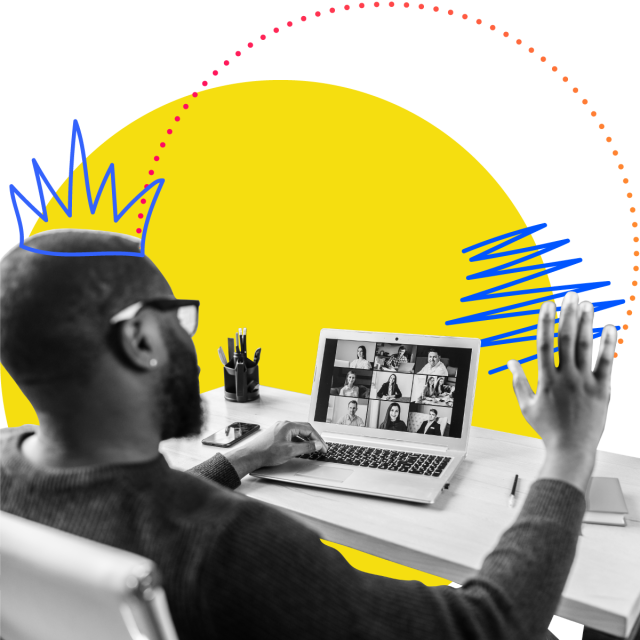 Collage of a black adult male sitting in front of a laptop taking a online class with peers