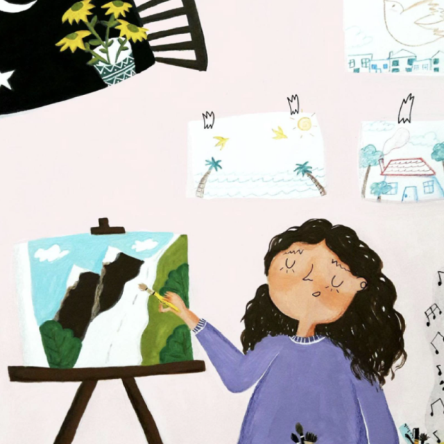 An illustration from the book Art for All. It depicts a young girl dressed in purple painting an image of mountains. The painting is on an easel. A light pink wall in the background has several paintings hung on it with tape.